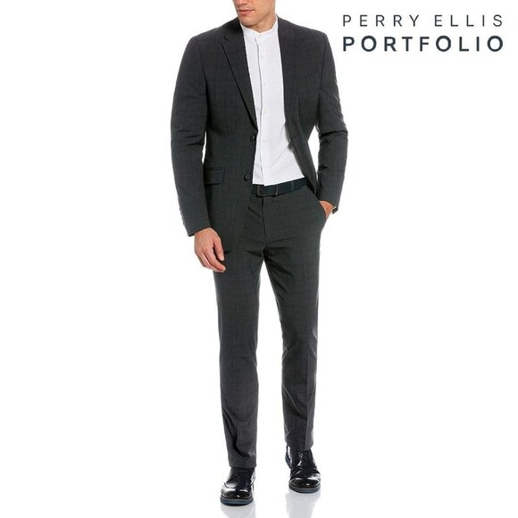 Perry Ellis Portfolio Men's Tonal Plaid 2 PC Wool Suit Jacke - Picture 1 of 15
